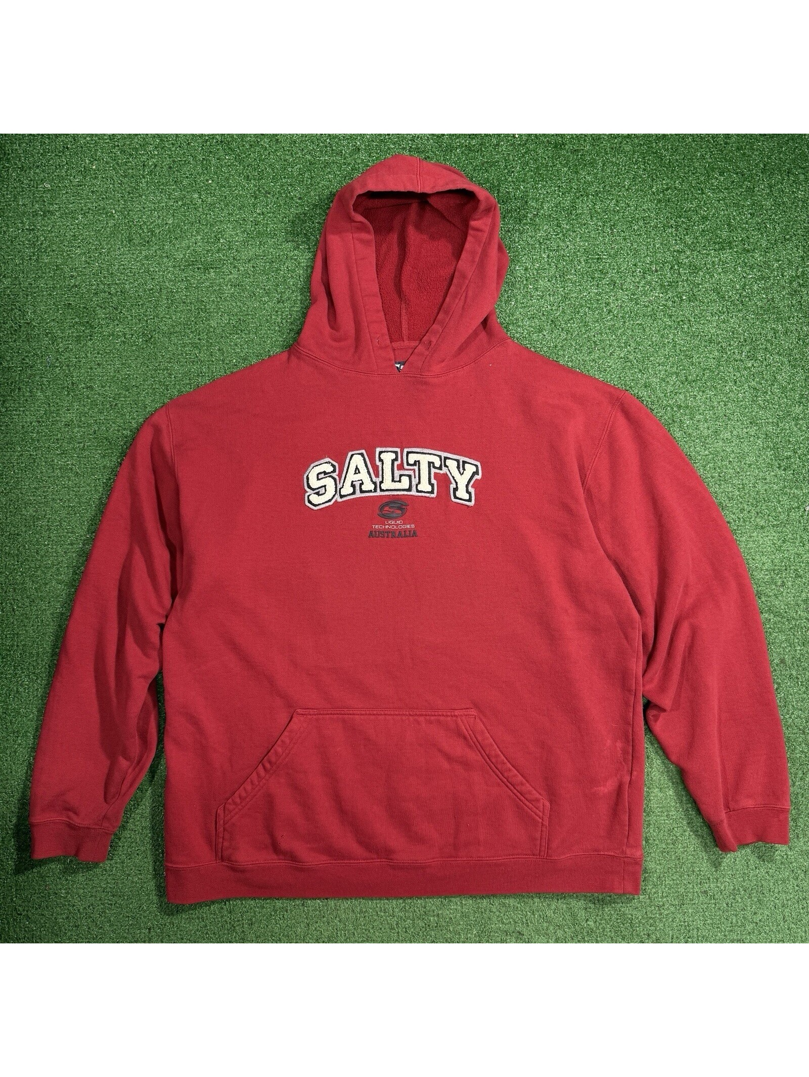 Vintage Y2k Surf Skate Hoodie Mens L Red Spell Out Chenille Streetwear Salty